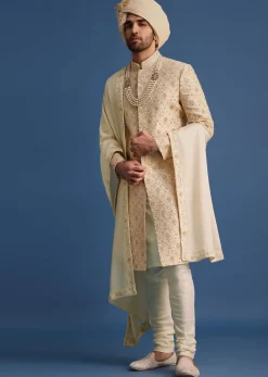Cream Sherwani Suit With Hand Work