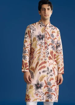 Cream Silk Floral Resham Threadwork Kurta Jacket Set