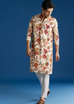 Cream Silk Floral Resham Embroidered Kurta Set