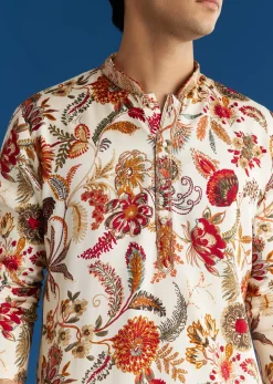 Cream Silk Floral Resham Embroidered Kurta Set