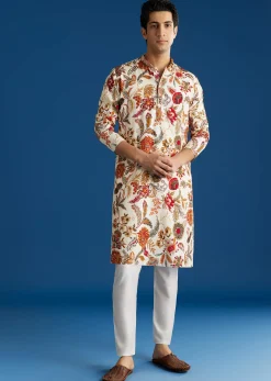Cream Silk Floral Resham Embroidered Kurta Set