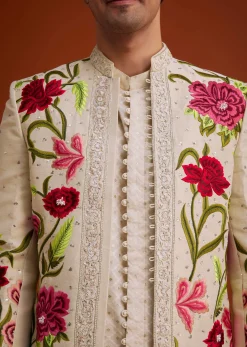 Cream Silk Jodhpuri Set With Floral Embroidery And Sequin Butti Work
