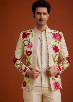 Cream Silk Jodhpuri Set With Floral Embroidery And Sequin Butti Work