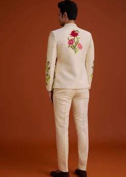 Cream Silk Jodhpuri Set With Floral Embroidery And Sequin Butti Work