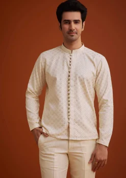 Cream Silk Jodhpuri Set With Floral Embroidery And Sequin Butti Work