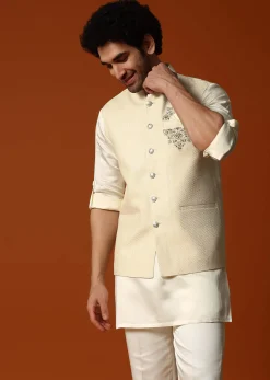 Cream Silk Kurta Jacket Set For men