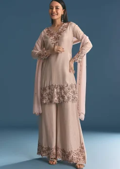 Cream Silk Kurta Palazzo Set With Cut Dana Work