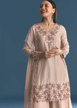Cream Silk Kurta Palazzo Set With Cut Dana Work