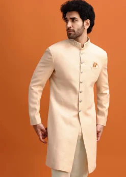 Cream Silk Nawabi With Self Work For Men