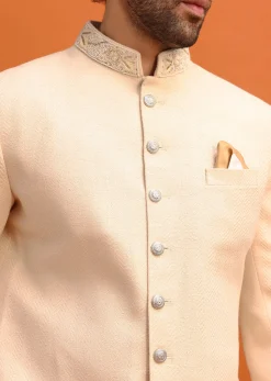 Cream Silk Nawabi With Self Work For Men