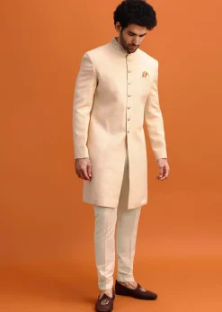 Cream Silk Nawabi With Self Work For Men