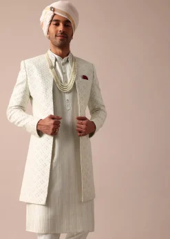 Cream Silk Sherwani Set With Intricate Embroidery