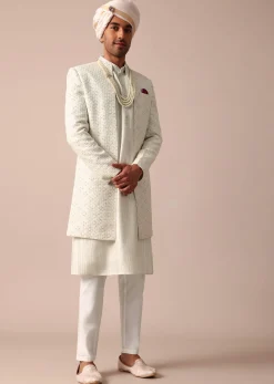 Cream Silk Sherwani Set With Intricate Embroidery
