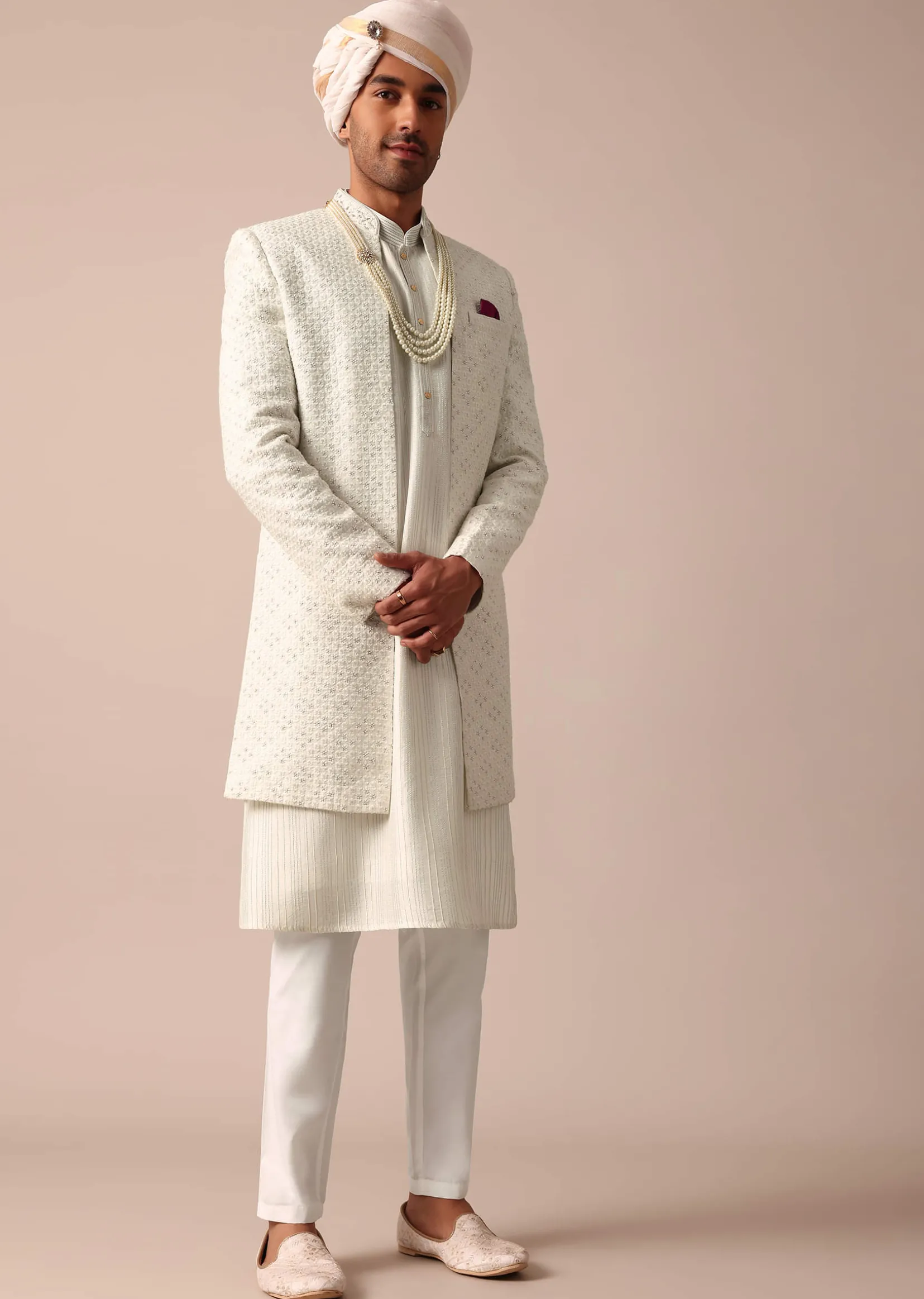 Cream Silk Sherwani Set With Intricate Embroidery
