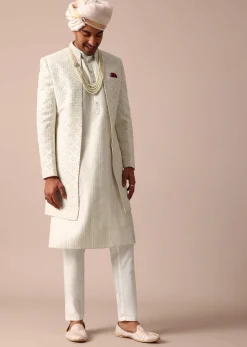 Cream Silk Sherwani Set With Intricate Embroidery