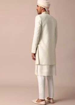 Cream Silk Sherwani Set With Intricate Embroidery