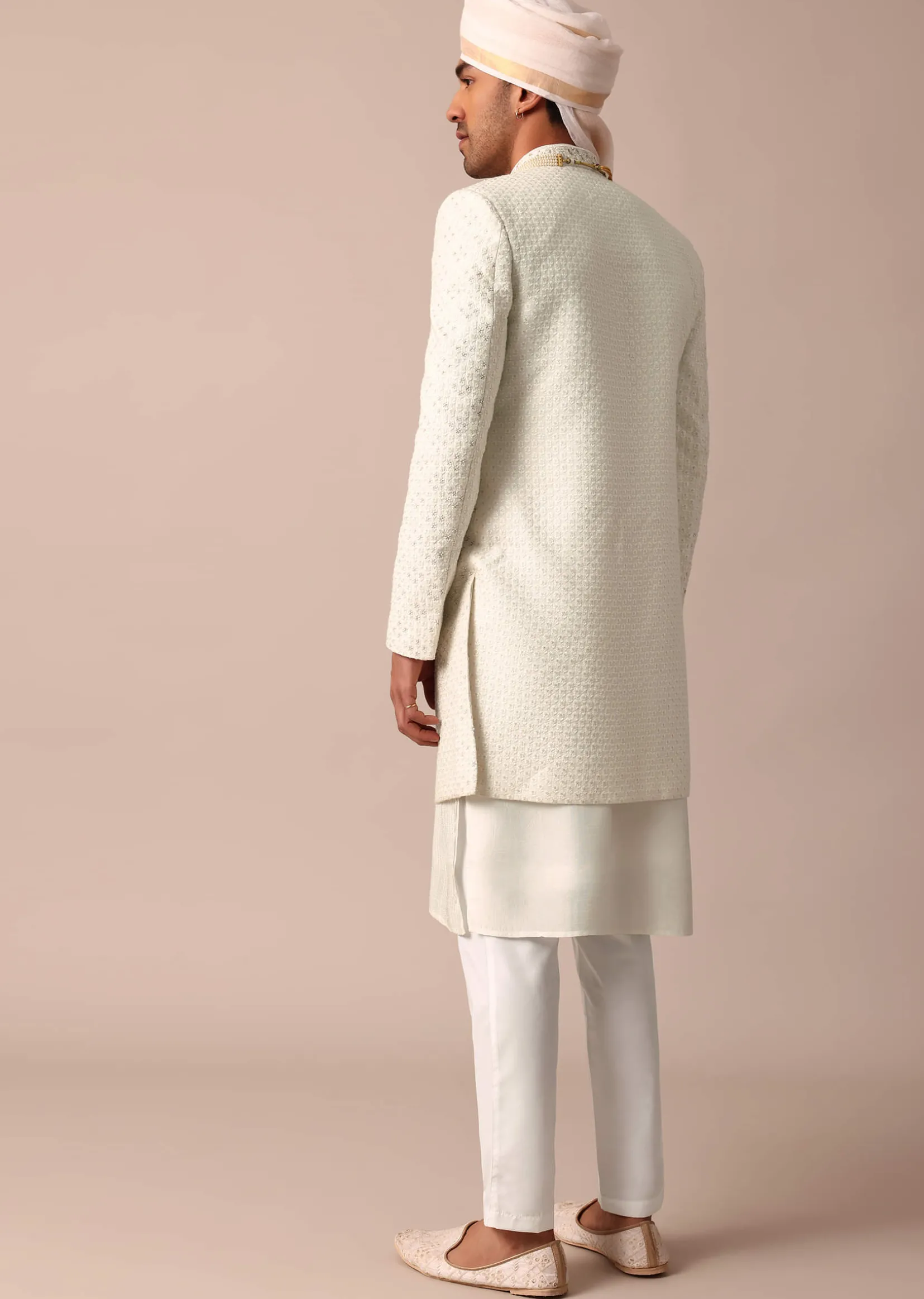 Cream Silk Sherwani Set With Intricate Embroidery