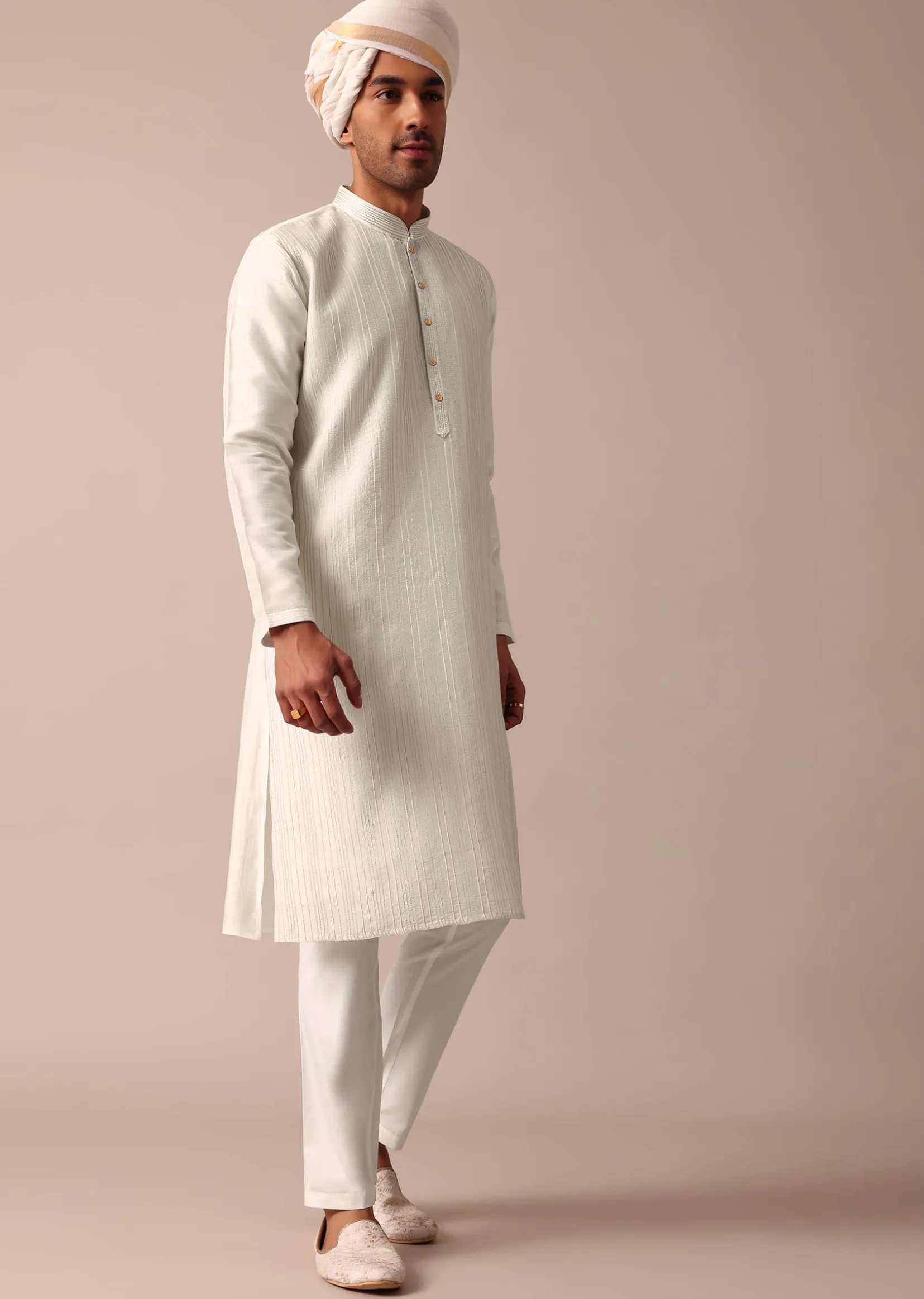Cream Silk Sherwani Set With Intricate Embroidery