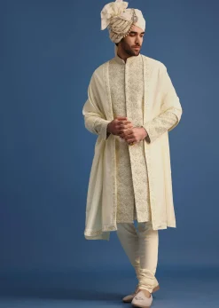 Cream Silk Sherwani Suit With Hand Work
