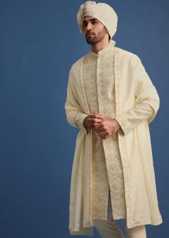 Cream Silk Sherwani Suit With Hand Work