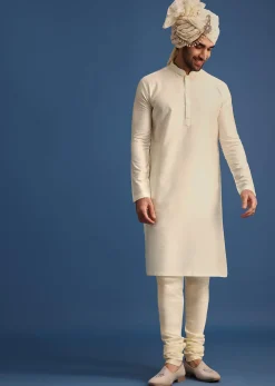 Cream Silk Sherwani Suit With Hand Work