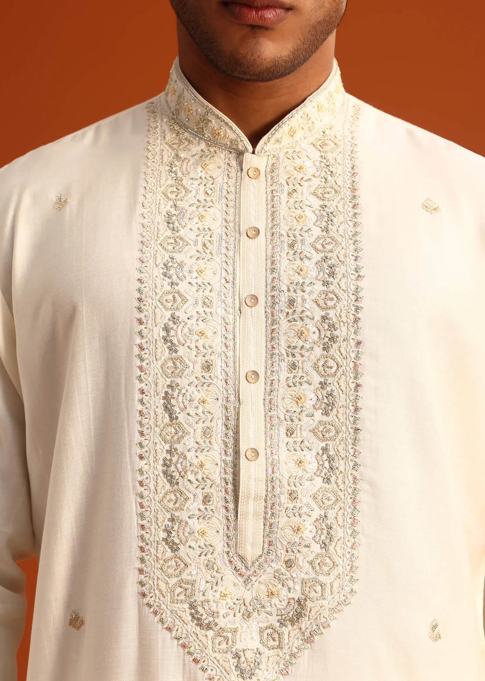 Cream Threadwork Kurta Set