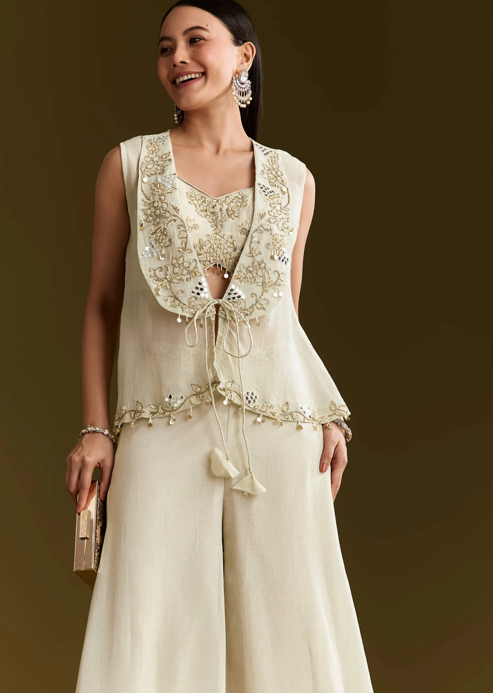 Cream Tissue Croptop Set With Zardosi Moti Jacket And Embroidered Palazzo