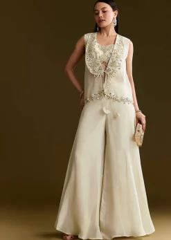 Cream Tissue Croptop Set With Zardosi Moti Jacket And Embroidered Palazzo