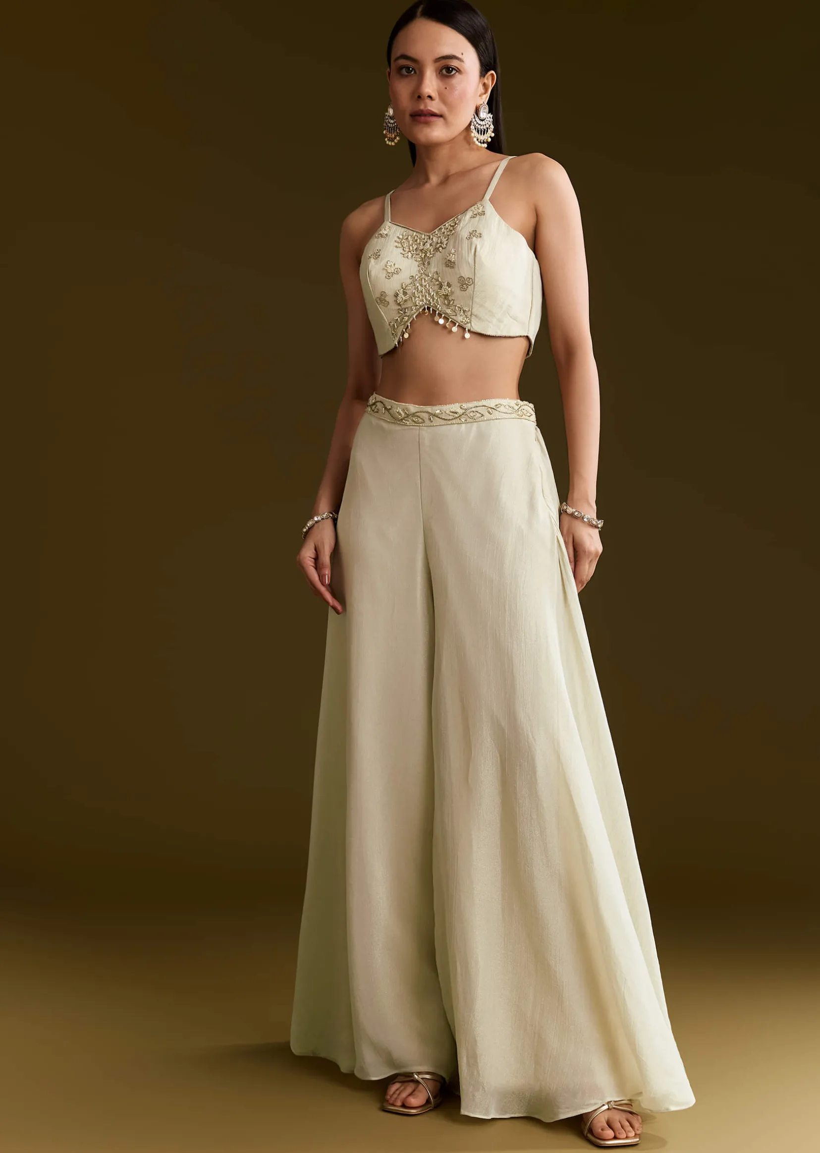 Cream Tissue Croptop Set With Zardosi Moti Jacket And Embroidered Palazzo
