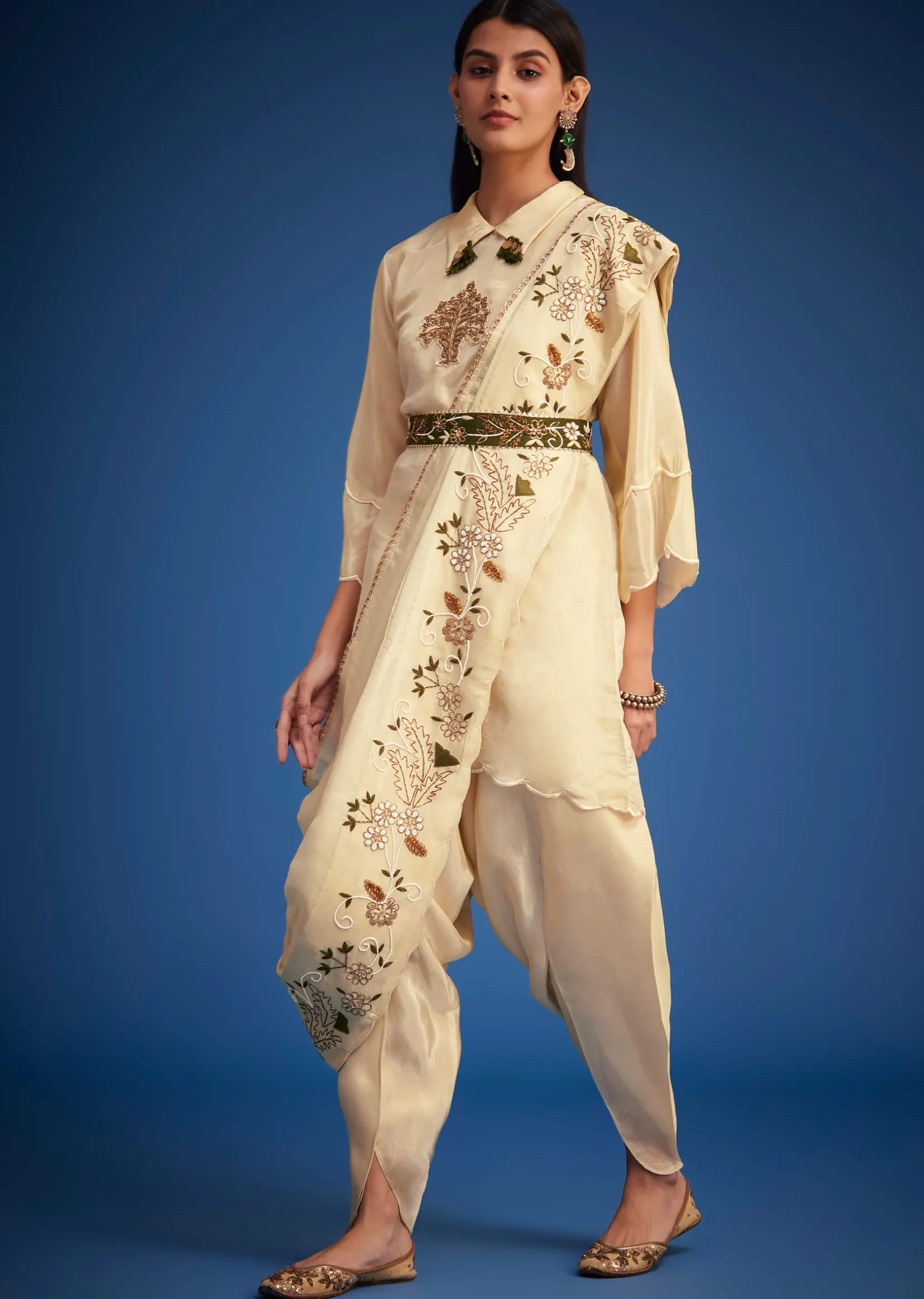 Cream Tissue Embroidered Dhoti Set