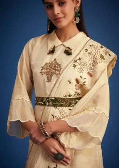 Cream Tissue Embroidered Dhoti Set