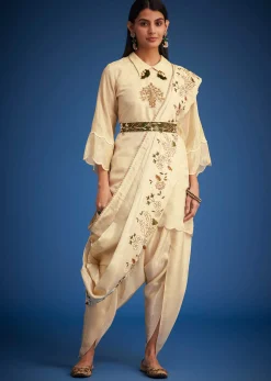 Cream Tissue Embroidered Dhoti Set