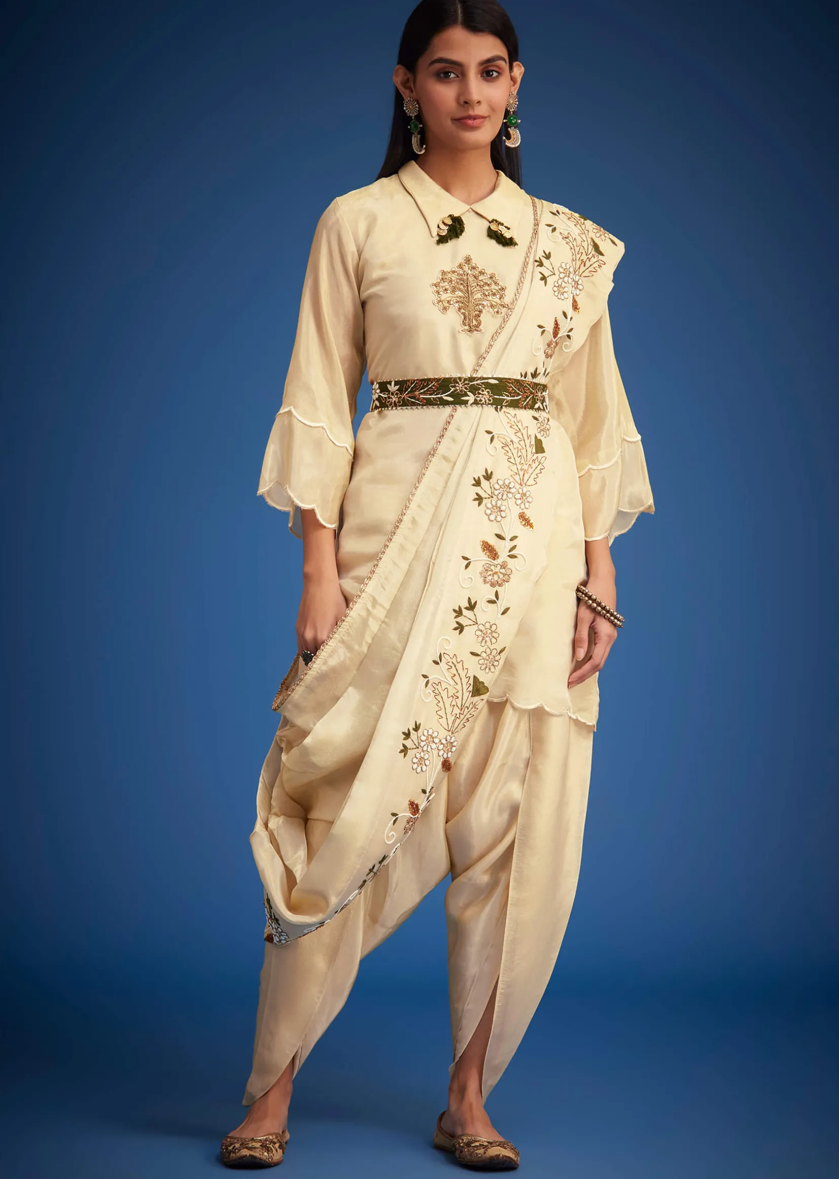 Cream Tissue Embroidered Dhoti Set