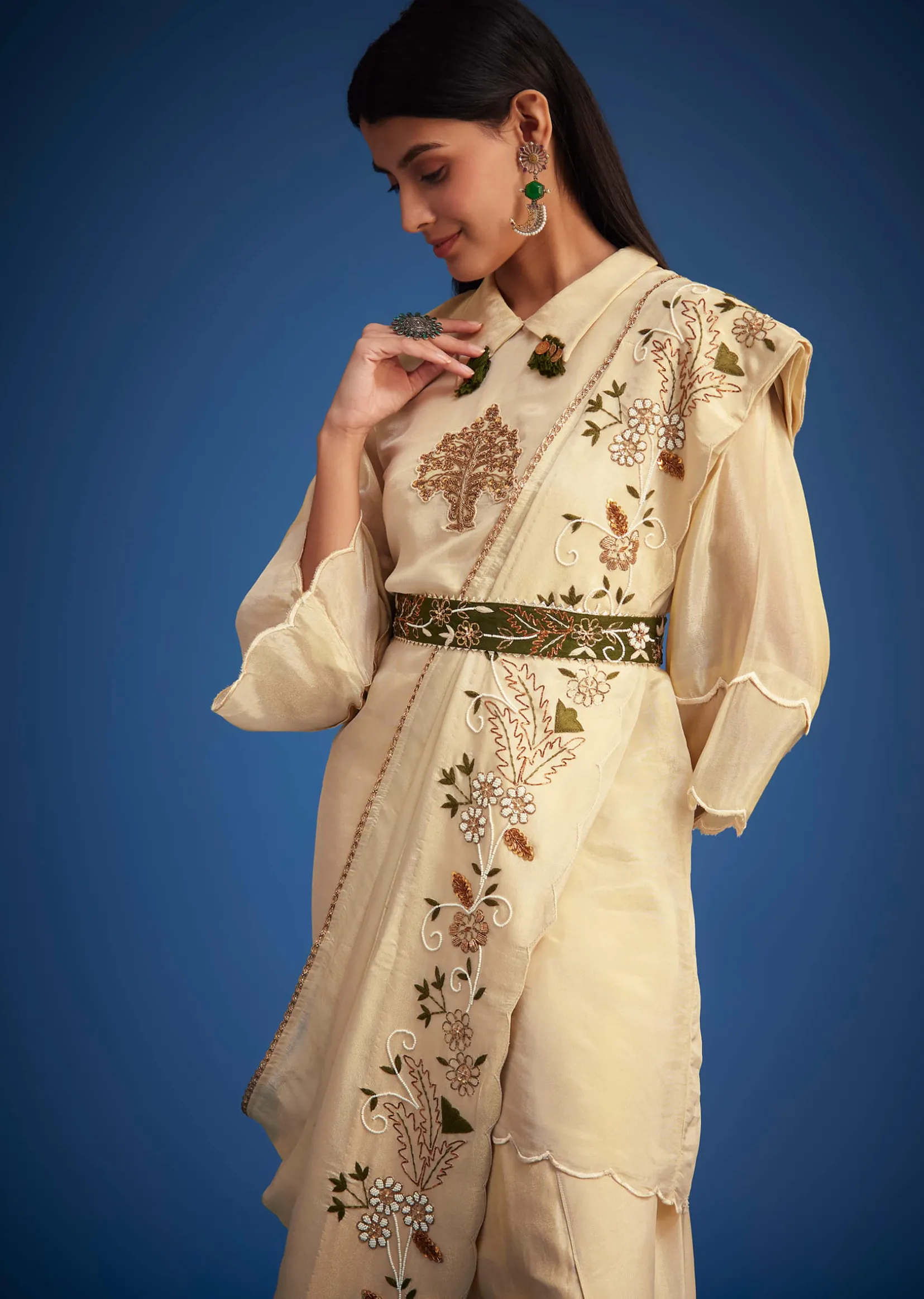Cream Tissue Embroidered Dhoti Set
