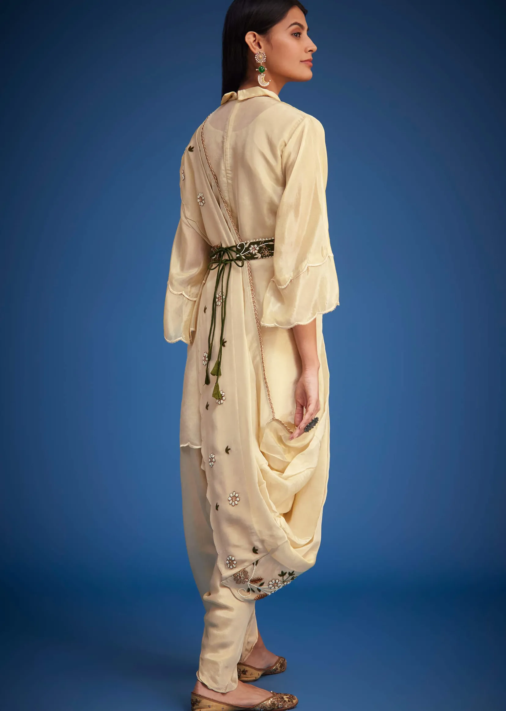Cream Tissue Embroidered Dhoti Set