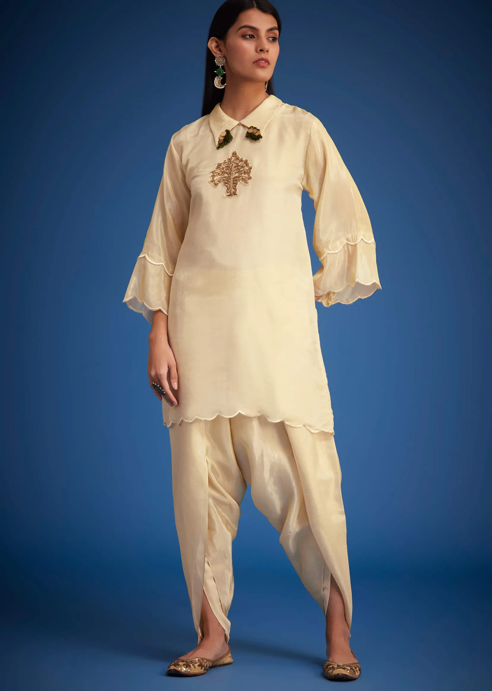 Cream Tissue Embroidered Dhoti Set