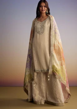 Cream Tissue Palazzo Suit With Mirror And Moti Embroidery And Dupatta