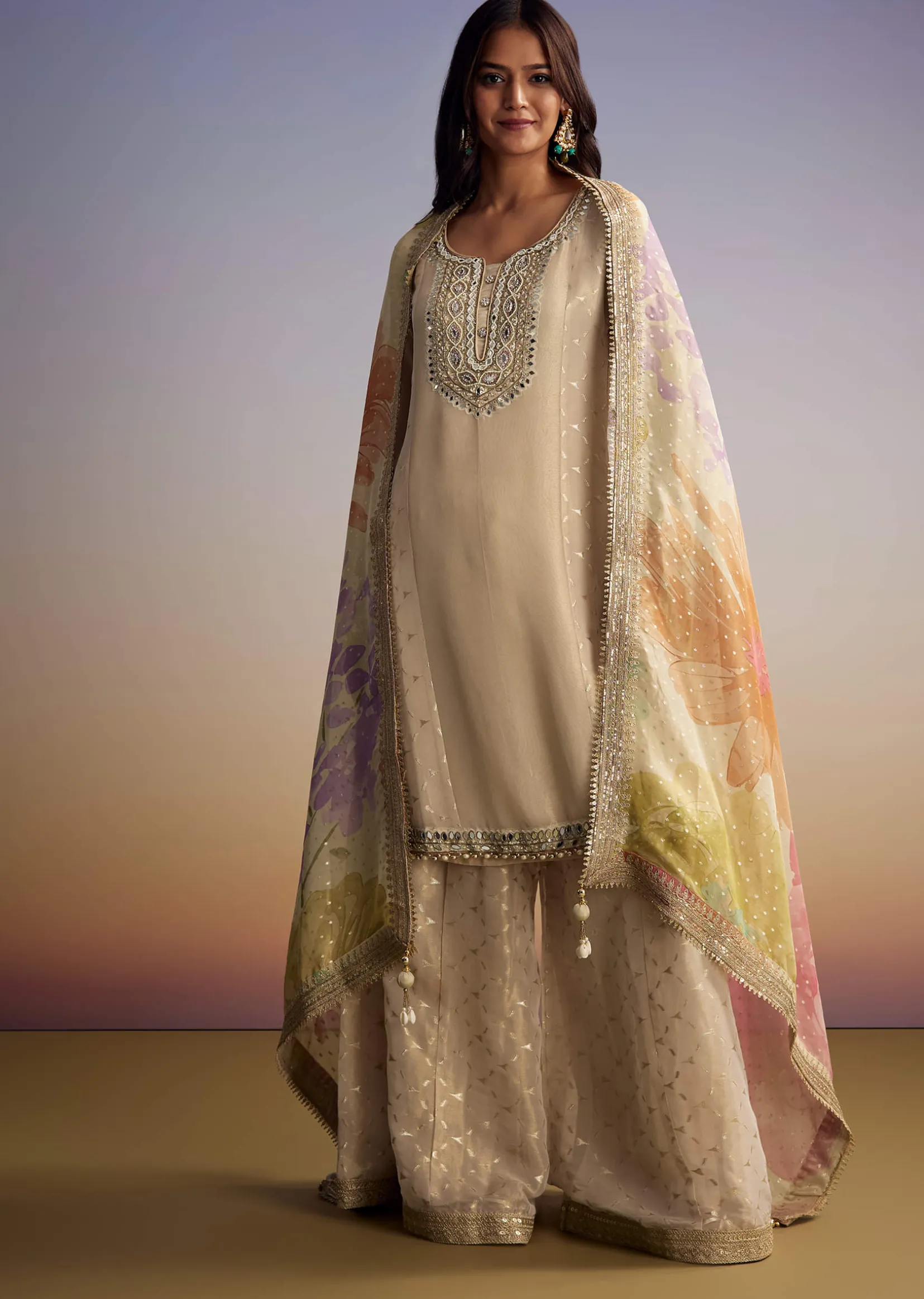 Cream Tissue Palazzo Suit With Mirror And Moti Embroidery And Dupatta