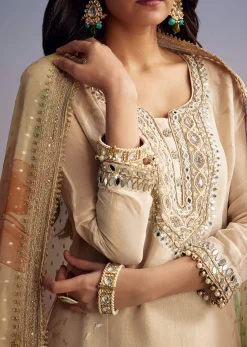 Cream Tissue Palazzo Suit With Mirror And Moti Embroidery And Dupatta