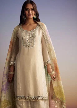Cream Tissue Palazzo Suit With Mirror And Moti Embroidery And Dupatta