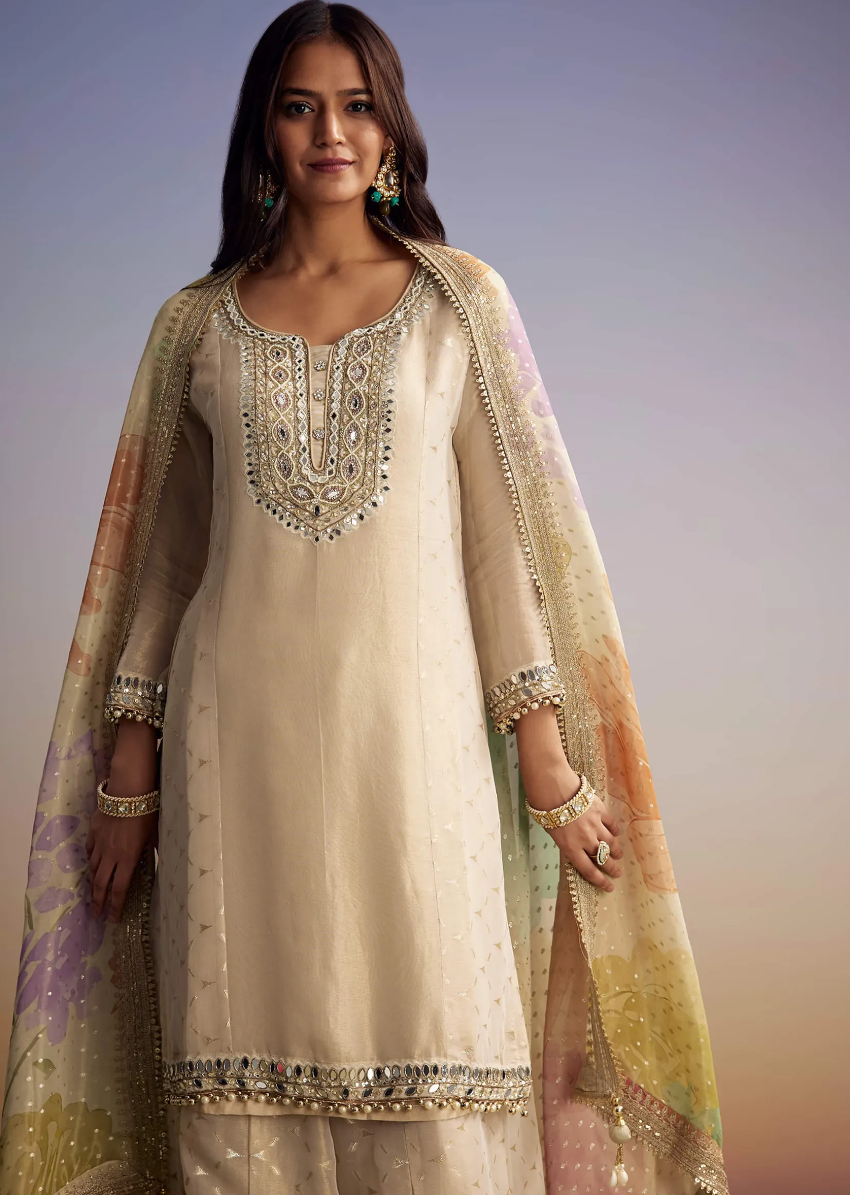Cream Tissue Palazzo Suit With Mirror And Moti Embroidery And Dupatta