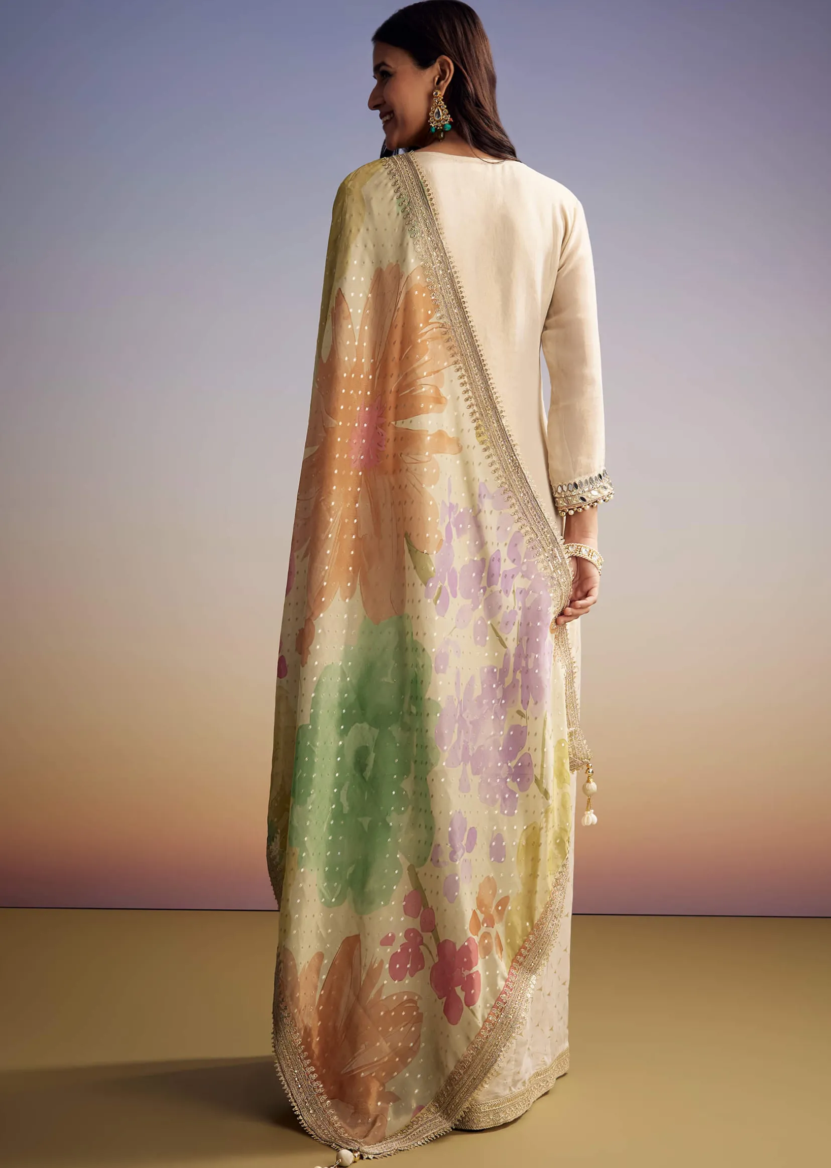 Cream Tissue Palazzo Suit With Mirror And Moti Embroidery And Dupatta