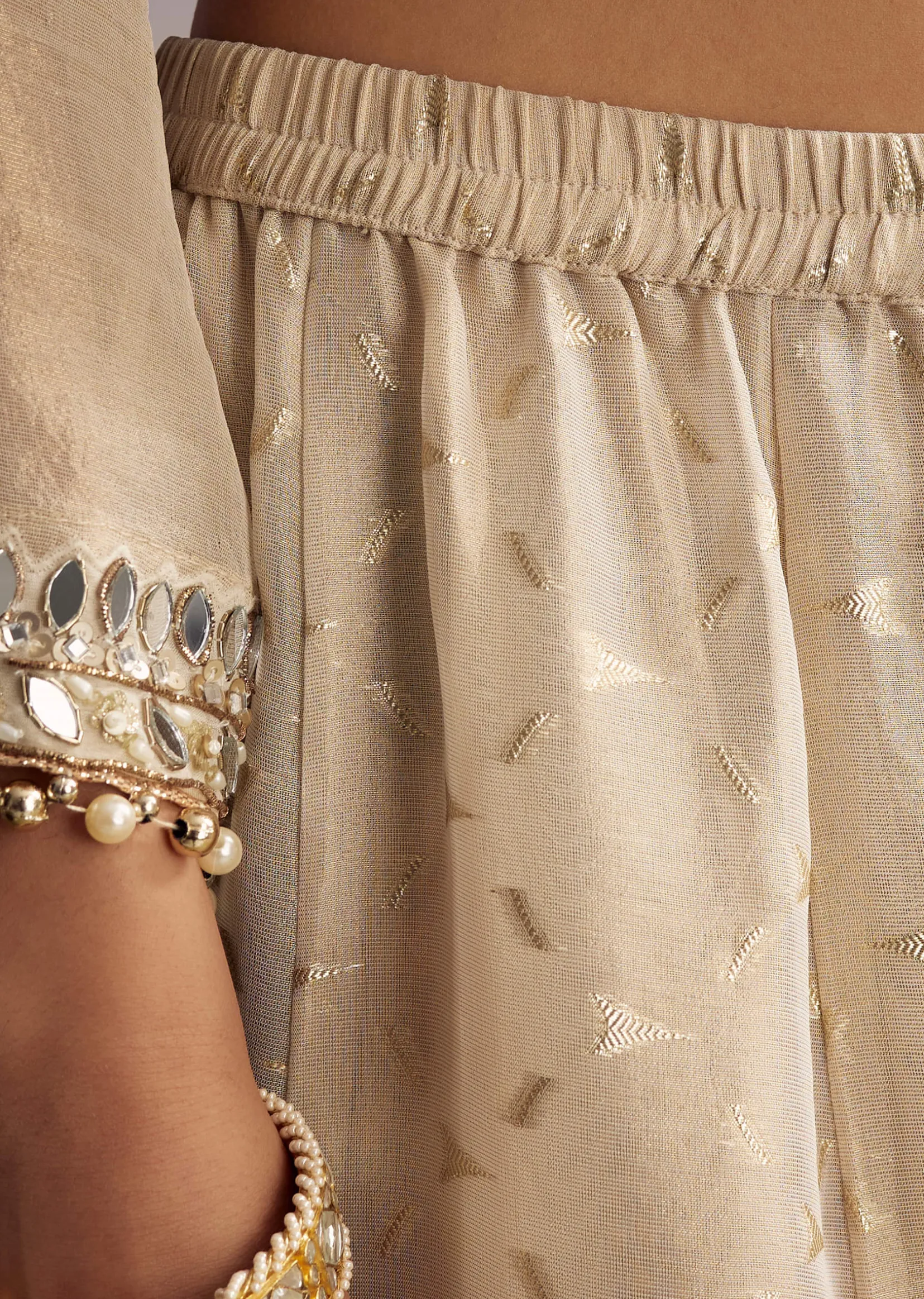 Cream Tissue Palazzo Suit With Mirror And Moti Embroidery And Dupatta