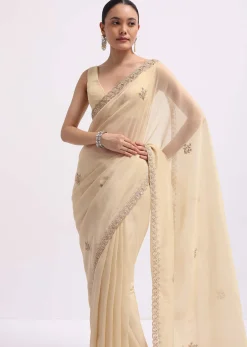 Cream Tissue Saree With Gotta Work And Unstitched Blouse