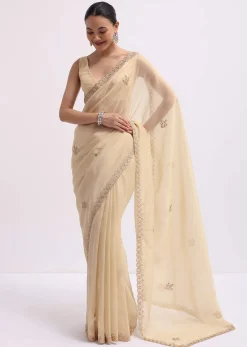 Cream Tissue Saree With Gotta Work And Unstitched Blouse