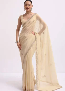 Cream Tissue Saree With Gotta Work And Unstitched Blouse