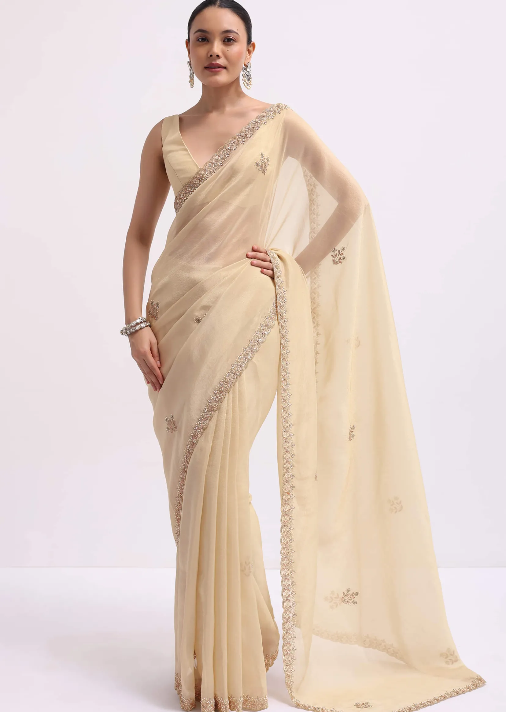 Cream Tissue Saree With Gotta Work And Unstitched Blouse