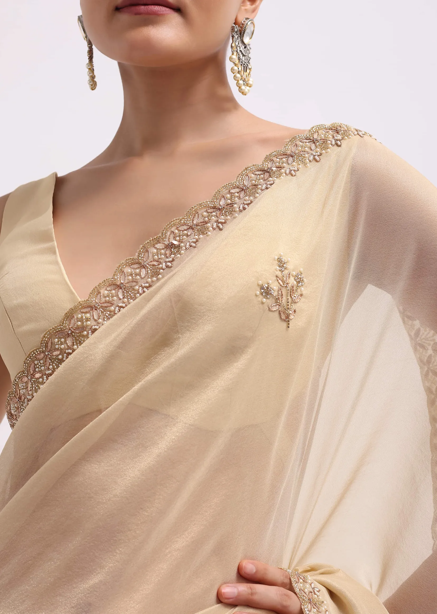 Cream Tissue Saree With Gotta Work And Unstitched Blouse