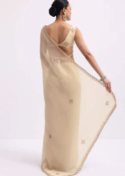 Cream Tissue Saree With Gotta Work And Unstitched Blouse