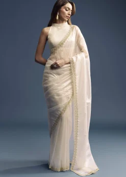 Cream Tissue Saree With Stone And Beaded Embroidery